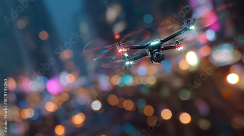 Drone's Aerial Vision: A sleek drone navigates through an urban scene at dusk, its lights creating an evocative atmosphere as it surveys the city.
