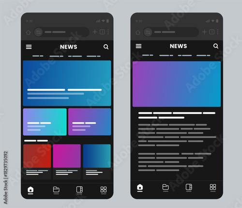 Dark mode mobile application interface design for news portal or blog reading platform showing dark background night view user experience layout template