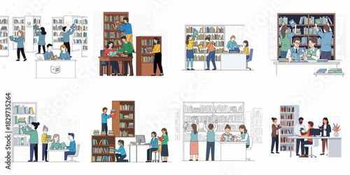 Collection of flat-design illustrations depicting diverse people studying, reading, and organizing books among bookshelves in a public library or academic setting.