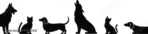 Collection of black vector silhouettes featuring various animals including dogs, cats, and a howling wolf, illustrating domestic pets and wild canines