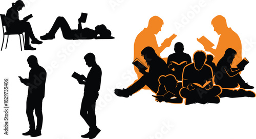 Collection of People Reading Books in Different Poses, Including Group Study and Individual Black and Orange Silhouettes Vector Set