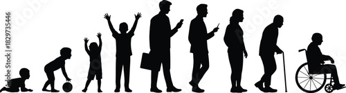 Conceptual Silhouette Vector Illustration Showing the Stages of Life from Babyhood to Old Age, Highlighting Human Development and Aging Process