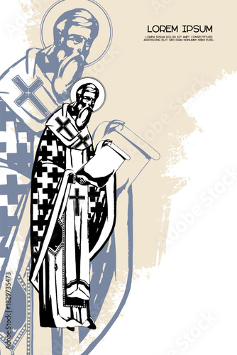 Religious vintage poster template with James, brother of Jesus. Christian illustration in Byzantine style