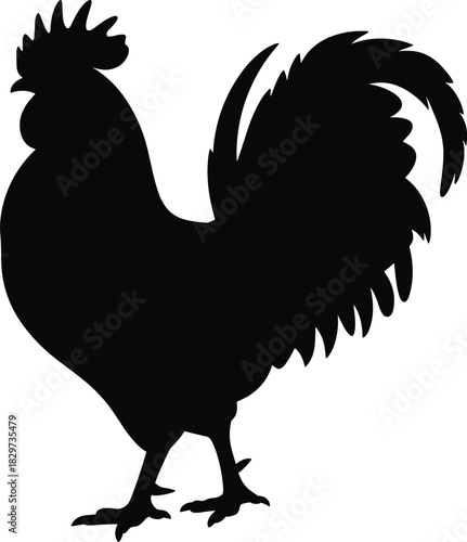 Detailed black vector silhouette of a majestic rooster with an impressive tail and comb, standing in profile, symbolizing morning, farming, and vigilance isolated on white