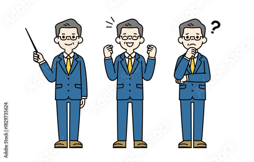 教える・笑顔で喜ぶ・悩む、スーツ姿の中高年の男性の全身ベクターイラスト素材セット＿カラー