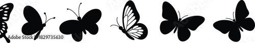 Set of Black Butterfly Silhouette Vector Icons in Various Angles and Styles, Ideal for Decorative Design Elements and Nature Graphics