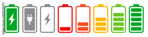 Battery charge level indicator set, colorful battery power level pictograms