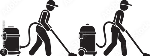 Two figures in silhouette cleaning with vacuum cleaners silhouette
