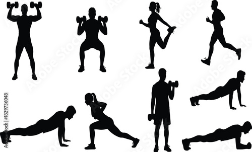 Silhouette of men and women exercising with dumbbells, fitness workout poses, strength training, push-ups, running, stretching, active healthy lifestyle, gym exercise.
