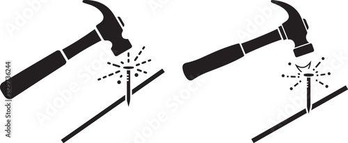 Two hammer silhouettes striking nails with sparks flying silhouette