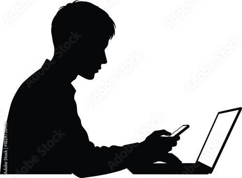 Silhouette of man working on laptop while using smartphone, multitasking technology user, modern communication and digital work concept