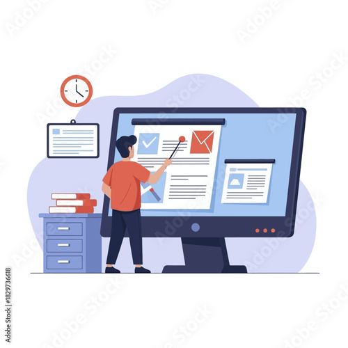 Man presenting information on a large computer screen with a pointer.