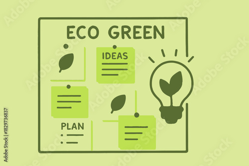 EcoGreen Idea Board with Leaf Accents Sticky Notes and Lightbulb Symbol