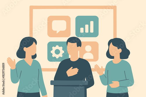 Illustrated Speaker at Podium with Audience and Presentation Board