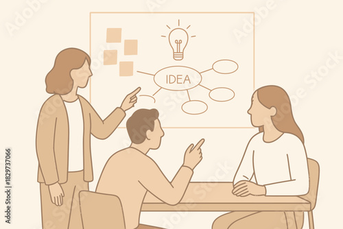 Three people brainstorming ideas with a lightbulb and mind map illustration