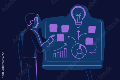 Stylized Presentation Man Pointing to Board with Charts Lightbulb and Squares