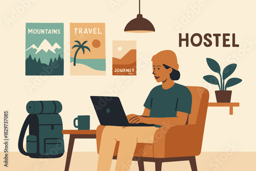 Traveler Working on Laptop in Hostel Room with Travel Posters