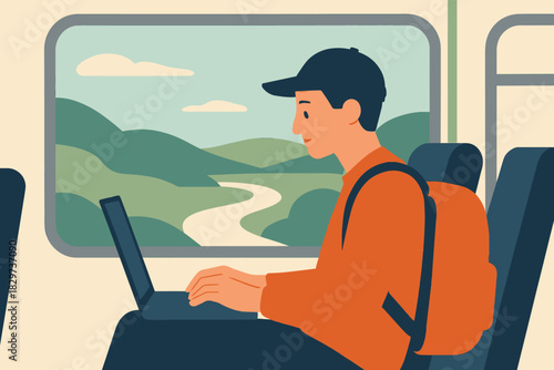 Traveler Working on Laptop with Scenic View from Train Window
