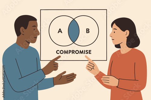 Two People Illustrating Compromise with Venn Diagram and Pointing Gestures
