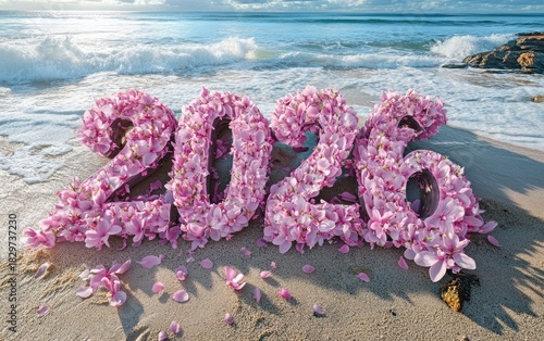 Floral 2026 beach scene celebrating a bright and beautiful new year