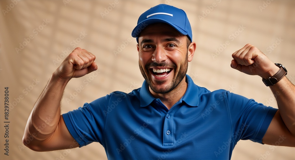 Fototapeta premium A cheerful man in a blue cap and polo shirt celebrates a victory. Happy and successful person flexing biceps with a confident smile