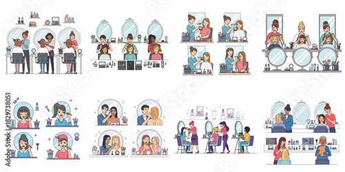 Set of vector illustrations depicting professional beauty services, including makeup application and hairstyling, in a modern salon environment.
