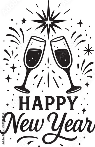 Happy new year celebration with champagne glasses and sparks