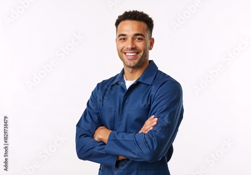 Confident smiling professional worker in a blue uniform with arms crossed. Happy young male technician or mechanic posing on a white background with copy space