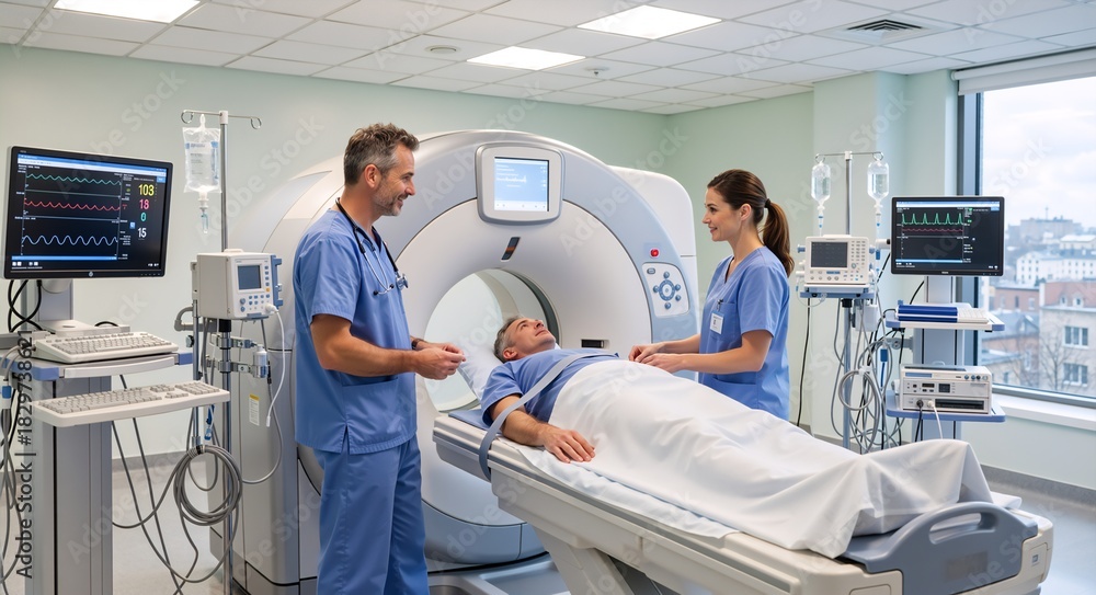 Obraz premium Doctor and nurse preparing a male patient for a CT scan in a modern hospital room. Medical examination with advanced diagnostic technology