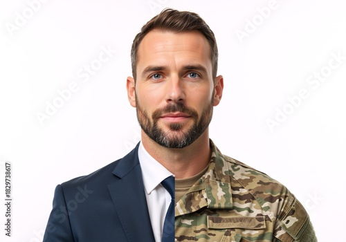 A split portrait of a man showing the contrast between a soldier and a businessman. Veteran career transition from military to civilian life. Dual identity and professional choice concept