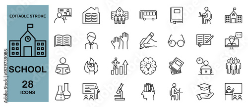School Icon Set – Education, Study, Student and Teacher. Editable Stroke, Vector Illustration