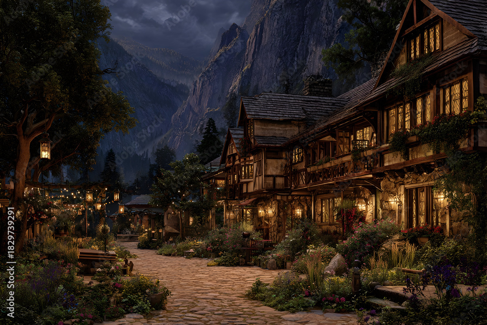 Fototapeta premium Picturesque fantasy hamlet in mountain valley under starry night sky
