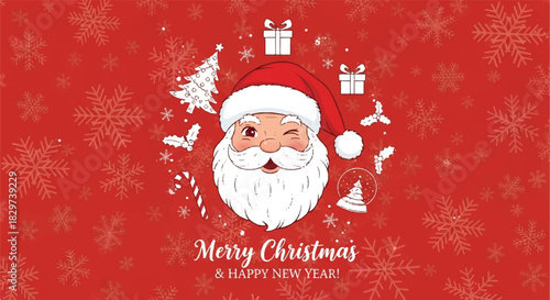 Santa Claus smiling with Christmas decorations and gifts for holiday season.