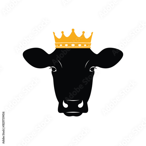 Stylized black cow head wearing a golden crown, symbolizing royalty, leadership, or premium quality dairy products and farming.