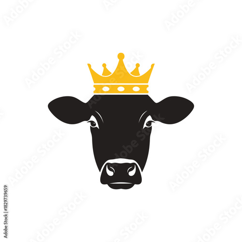 Majestic black cow head wearing a golden crown, symbol of dairy industry royalty and premium quality products on white background