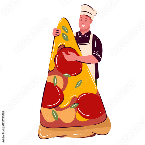 Male chef holding a huge pizza slice in flat cartoon style, with bold pepperoni details and glossy cheese accents, emphasizing the giant pizza shape, vector illustration.