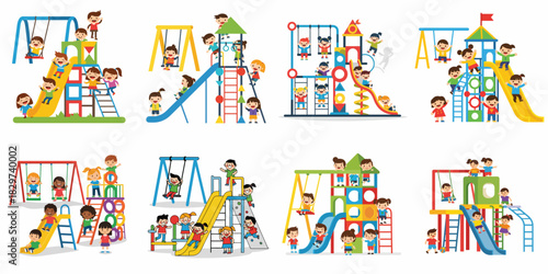 Collection of scenes showing happy children playing on slides, swings, and climbing frames in colorful outdoor playgrounds, isolated vector illustrations.