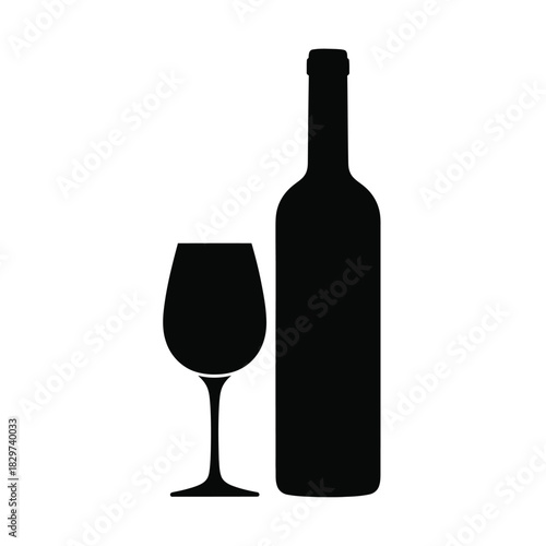 Silhouette of a wine bottle and empty wine glass isolated on white background, graphic illustration, simple, modern, clean, beverage