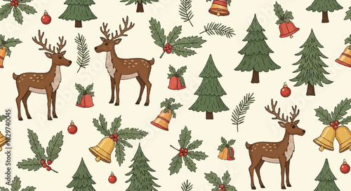 Christmas seamless pattern with reindeer and festive elements.