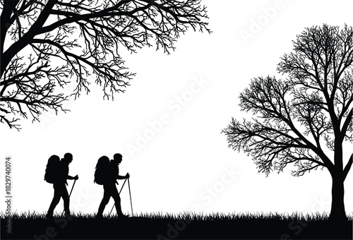 Silhouette of hikers walking with backpacks in forest, trekking adventure scene, trees and nature landscape, outdoor travel vector illustration