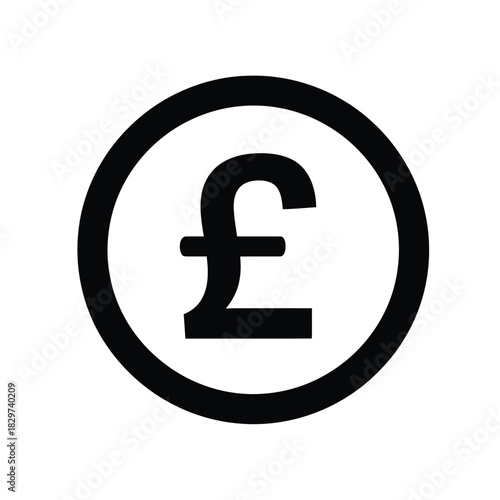Pound sterling symbol inside a black circle on a white background representing british currency, finance, and economy