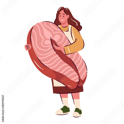 Female cook holding a huge salmon steak in flat cartoon style, with bold fish texture and rich salmon details emphasizing the oversized seafood shape, vector illustration.