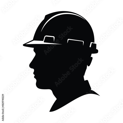 Silhouette profile of a construction worker wearing a hard hat, isolated on white, representing industry and safety in labor.