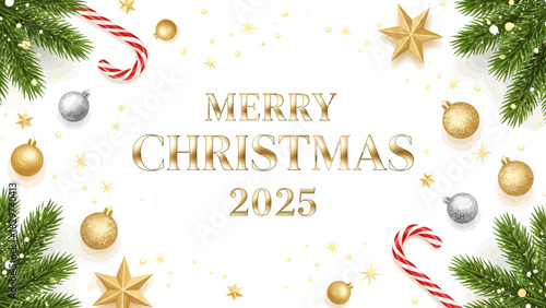 Elegant Christmas 2025 holiday greeting background with fir branches, golden ornaments, and festive candy canes on white
