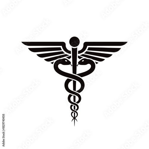 Caduceus symbol with wings and intertwined snakes, representing medicine and healthcare, isolated on a white background.