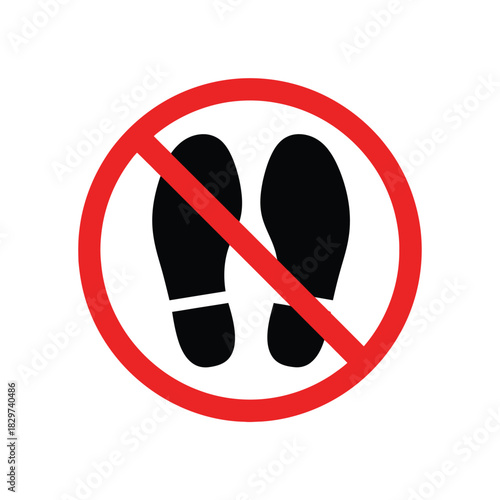 Red prohibition sign with black footprint icons inside, symbolizing no shoes allowed, clean area, vector graphic illustration.