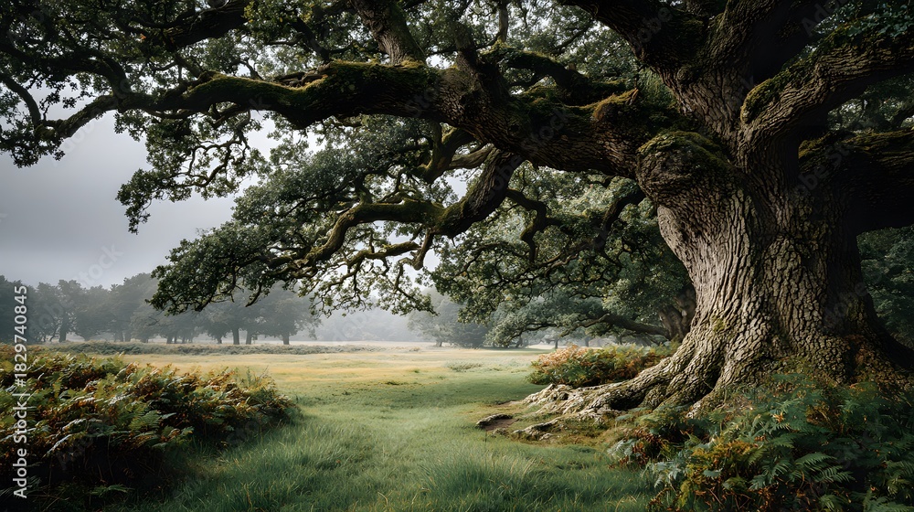 Fototapeta premium Majestic ancient oak tree with gnarled bark and massive sprawling branches stands alone in a green meadow with soft daylight and texture.