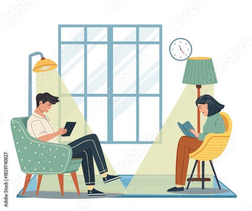 man and woman character  reading  books  in living room