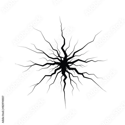 Fractured line graphic symbolizing a crack spreading from a central point, isolated on a plain background for design