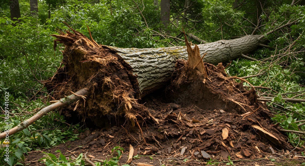 Fototapeta premium Fallen tree in a forest, roots exposed, surrounded by greenery. Nature's power evident